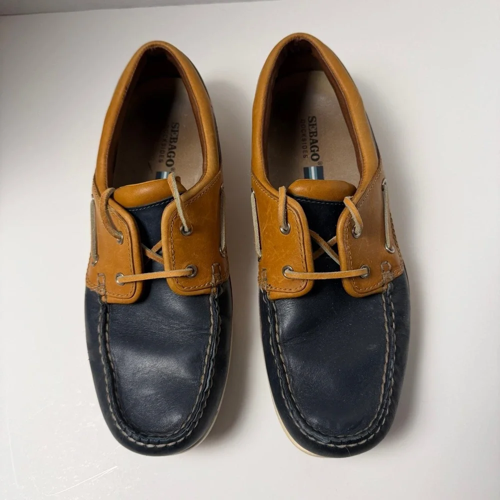Sebago Dockside Boat Shoes Womens 10 Navy Tan Leather Preppy Nautical Old Money